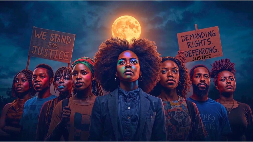 African activists raising hands in unity at night under the bright moon symbolizing human rights and hope.