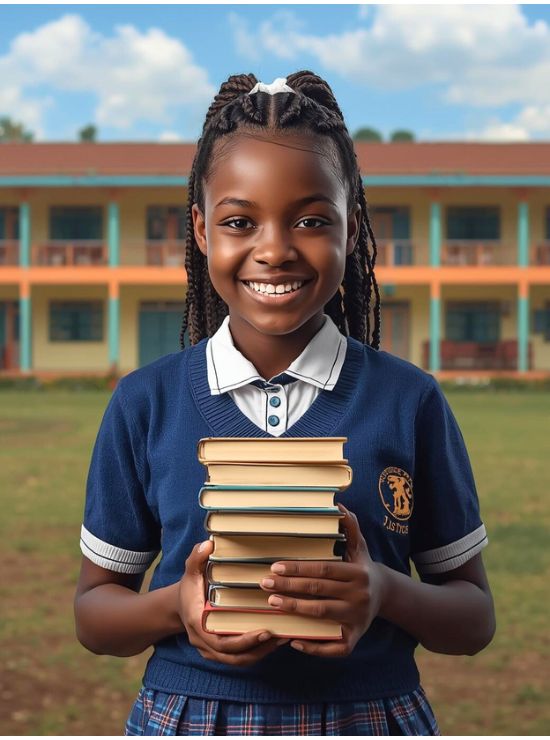 Young African girl in school uniform holding books with determination.